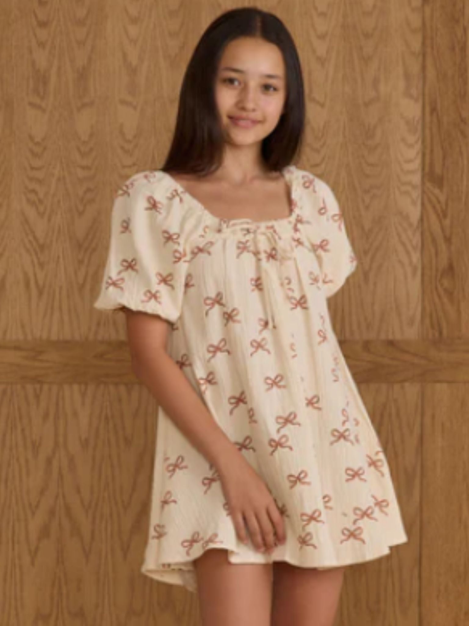 Rylee & Cru Ruby Bows Sabrina Mini Dress (Natural, 14y)